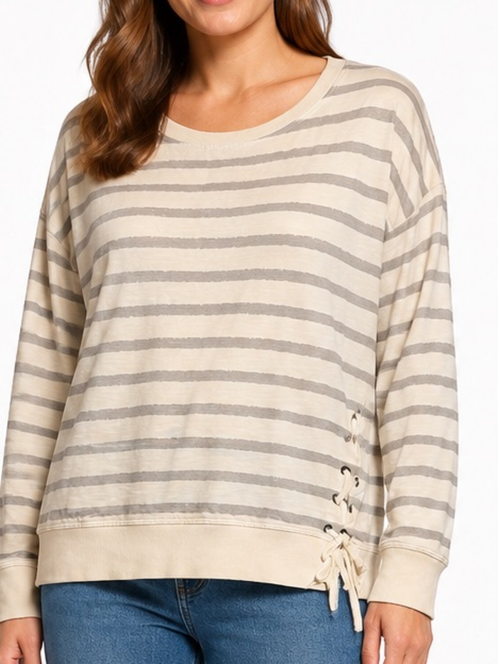 Eddie Bauer Women’s L Striped Cotton Sweatshirt Lace-Up Side Ivory Gray